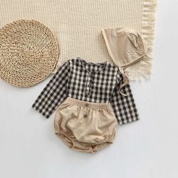 Baby Plaid Graphic Tops And Solid Shorts With Hat 1Pieces Sets (Size/Age: 80 (9-12M))