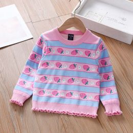 Baby Girl Strawberries Pattern Striped Design Pullover Knitted Sweater (Size/Age: 130 (7-8Y))