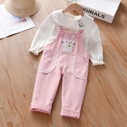 Baby Girl Cute Bunny Embroidery Pattern Doll Neck Shirt & Cotton Overall Sets (Size/Age: 130 (7-8Y))
