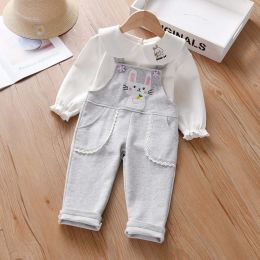 Baby Girl Cute Bunny Embroidery Pattern Doll Neck Shirt & Cotton Overall Sets (Size/Age: 110 (3-5Y))