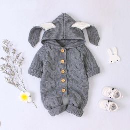 Baby Solid Color Crochet Knitted Graphic 3D Bunny Ears Patched Design Romper Jumpsuit (Size/Age: 80 (9-12M))