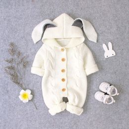 Baby Solid Color Crochet Knitted Graphic 3D Bunny Ears Patched Design Romper Jumpsuit (Size/Age: 90 (12-24M))
