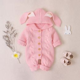 Baby Solid Color Crochet Knitted Graphic 3D Bunny Ears Patched Design Romper Jumpsuit (Size/Age: 100 (2-3Y))