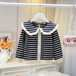 Baby Girl Striped Pattern Flower Patched Design Korean Style Coat (Size/Age: 120 (5-7Y))