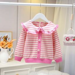 Baby Girl Striped Pattern Flower Patched Design Korean Style Coat (Size/Age: 130 (7-8Y))