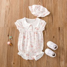 Baby Girl Cartoon Print Ruffle Design Doll Neck Onesies With Hat (Size/Age: 66 (3-6M))