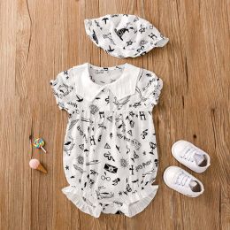 Baby Girl Cartoon Print Ruffle Design Doll Neck Onesies With Hat (Size/Age: 80 (9-12M))