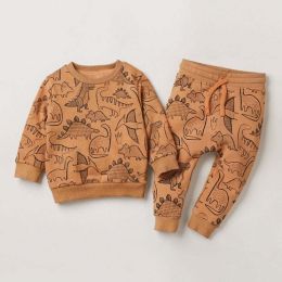 Baby Boy 1pcs Allover Dinosaur Graphic Long Sleeves Hoodie Combo Trousers Sets (Color: Coffee)
