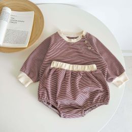 Baby Girl Striped Pattern Shoulder Buckle Design Tops Combo Shorts Sets (Size/Age: 80 (9-12M))