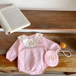 Baby Girl Plaid Pattern Floral Embroidered Lapel Design Bodysuit (Size/Age: 100 (2-3Y))