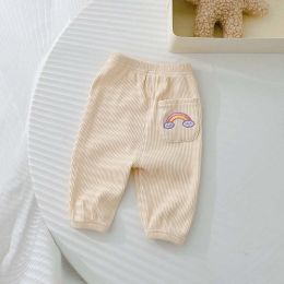 Baby 1pcs Cartoon Animal Embroidery Pattern Pit Strip Design Trousers (Color: Beige)