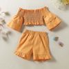 Baby 2pc Solid Orange Color Flared Medium Sleeves Shirred Tops Combo Ruffle Hem Shorts Sets