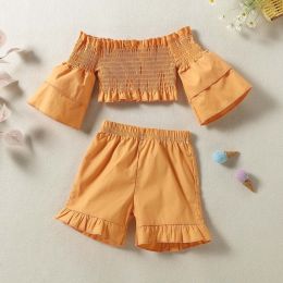 Baby 2pc Solid Orange Color Flared Medium Sleeves Shirred Tops Combo Ruffle Hem Shorts Sets (Size/Age: 100 (2-3Y))
