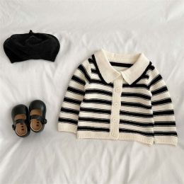 Baby Striped Pattern Lapel Knitted Cardigan With Pants Sets (Size/Age: 110 (3-5Y))
