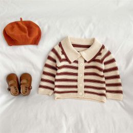 Baby Striped Pattern Lapel Knitted Cardigan With Pants Sets (Size/Age: 66 (3-6M))