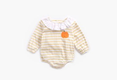 Baby 1pcs Cartoon Orange Print Striped Pattern Ruffle Neck Onesies (Size/Age: 66 (3-6M))