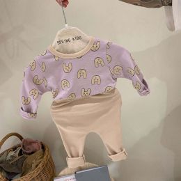 Baby 1pcs Cartoon Funny Cat Pattern Shirt Combo Solid Pants Tracksuit Sets (Size/Age: 90 (12-24M))