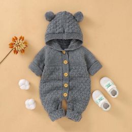 Baby 1pcs Cable Knitted Graphic Button Front Design Rompers With Hairball Patched Hat (Size/Age: 73 (6-9M))