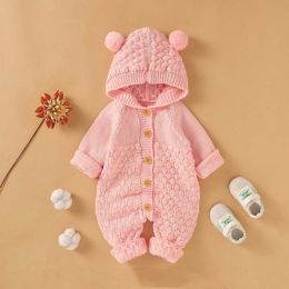 Baby 1pcs Cable Knitted Graphic Button Front Design Rompers With Hairball Patched Hat (Size/Age: 80 (9-12M))