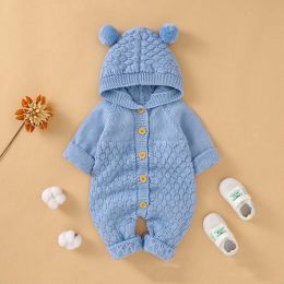 Baby 1pcs Cable Knitted Graphic Button Front Design Rompers With Hairball Patched Hat (Size/Age: 66 (3-6M))