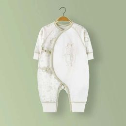 Newborn Cartoon Animal Pattern Slanted Lace-Up Design Thin Style Cotton Jumpsuit Pajamas (Size/Age: 52 (Newborn))
