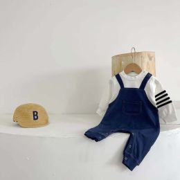 Baby Boy White Contrast Blue False Strap Rompers (Size/Age: 80 (9-12M))