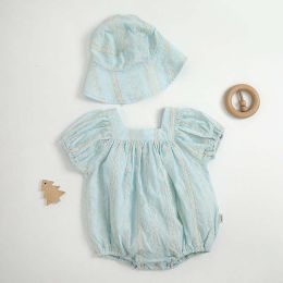 Baby Girls Solid Color Square Collar Short-Sleeved Onesies With Hat In Summer Outfit Wearing (Size/Age: 66 (3-6M))