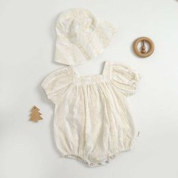 Baby Girls Solid Color Square Collar Short-Sleeved Onesies With Hat In Summer Outfit Wearing (Size/Age: 90 (12-24M))