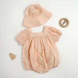 Baby Girls Solid Color Square Collar Short-Sleeved Onesies With Hat In Summer Outfit Wearing (Size/Age: 73 (6-9M))
