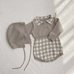 Baby Checkerboard Pattern Polo Neck Knit Warm Onesies (Size/Age: 80 (9-12M))