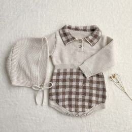 Baby Checkerboard Pattern Polo Neck Knit Warm Onesies (Size/Age: 90 (12-24M))