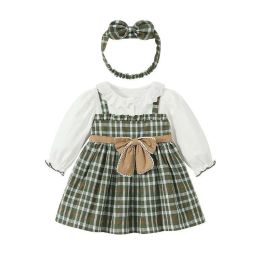 Baby Girl Lace Plaid Pattern Bow Tie Design Long Sleeve Lapel Sweet Dress (Size/Age: 73 (6-9M))
