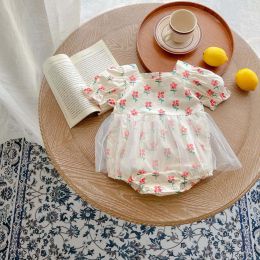 Baby Girls Floral Print Lace Patchwork Design Square Collar Puff Sleeved Onesies (Size/Age: 100 (2-3Y))