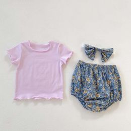 Baby Girl Solid Color Wooden Ear Design T-Shirt Combo Floral Shorts 2-Pieces Sets (Size/Age: 73 (6-9M))