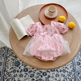 Baby Girls Floral Print Lace Patchwork Design Square Collar Puff Sleeved Onesies (Size/Age: 66 (3-6M))