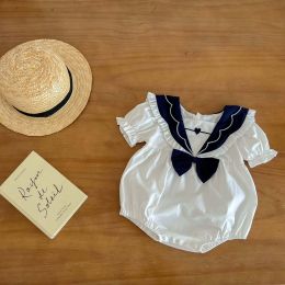 Baby Girls Solid Color Lace Design Turn-Down Collar Preppy Style Onesies With Bow Decoration (Size/Age: 66 (3-6M))
