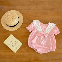 Baby Girls Solid Color Lace Design Turn-Down Collar Preppy Style Onesies With Bow Decoration (Size/Age: 80 (9-12M))