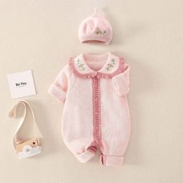 Baby Girl Floral Embroidered Pattern Knitted Romper With Hat (Size/Age: 59 (0-3M))