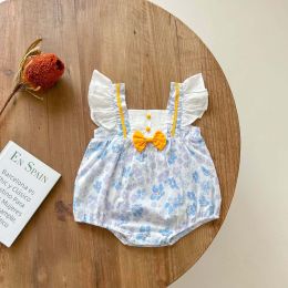 Baby Girls Floral Print Ruffle Design Square-Neck Onesies With Bow Tie (Size/Age: 80 (9-12M))