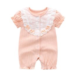 Baby Girl Printed Pattern Singel Breated Design Short Sleeve Rompers With Lace Patchwork (Size/Age: 59 (0-3M))