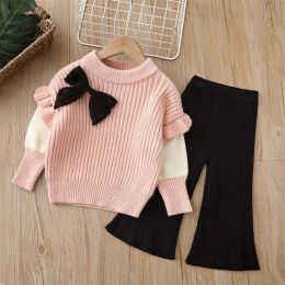 Baby Solid Color Bow Patched Sweater With Pants Sets (Size/Age: 120 (5-7Y))