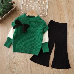 Baby Solid Color Bow Patched Sweater With Pants Sets (Size/Age: 130 (7-8Y))