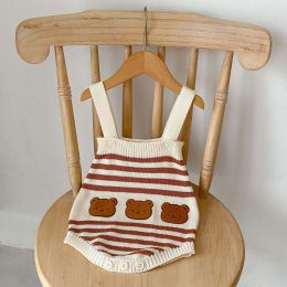 Baby Striped Pattern Cartoon Bear Patched Design Onesies With Cardigan (Size/Age: 80 (9-12M))