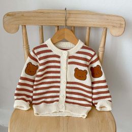 Baby Striped Pattern Cartoon Bear Patched Design Onesies With Cardigan (Size/Age: 73 (6-9M))