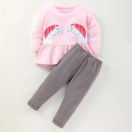 Baby Girl Cartoon Animal Pattern Shirt Combo Striped Pants Sets (Size/Age: 120 (5-7Y))