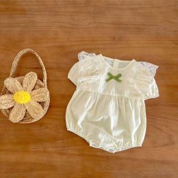 Baby Girls Solid Color Lace Patchwork Design Puff Sleeved Onesies With Bow Decoration (Size/Age: 100 (2-3Y))