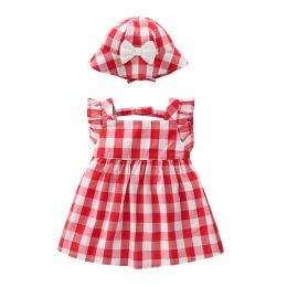 Baby Girls Plaid Print Lace Design Square Collar Sleeveless Dress With Bow Hat In Summer (Size/Age: 66 (3-6M))