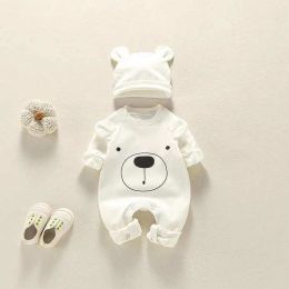 Baby Girl Bear Print Pattern Solid Color Long-Sleeved Rompers With Hat In Spring & Autumn (Size/Age: 90 (12-24M))