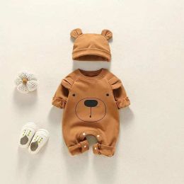 Baby Girl Bear Print Pattern Solid Color Long-Sleeved Rompers With Hat In Spring & Autumn (Size/Age: 80 (9-12M))