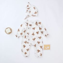 Baby Girls Bear Print Pattern Lace Design Round Collar Long-Sleeved Rompers With Hat (Size/Age: 100 (2-3Y))